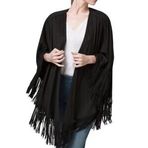 WHBM White House Black Market‎ Micro Faux Suede Black Fringed Poncho One Size